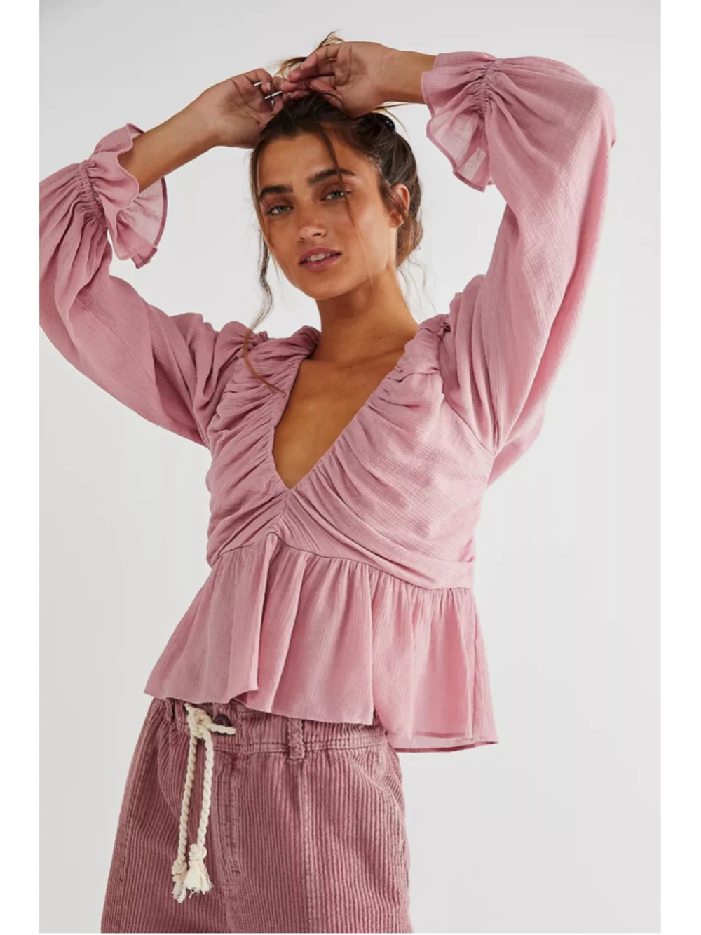 Women's Free People Daia Blouse Size S Pink puff Sleeve Peplum Top
